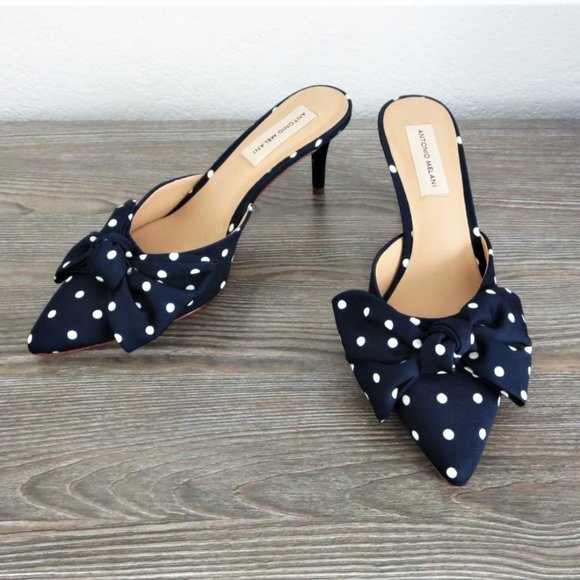 ANTONIO MELANI Shoes - Like New Melani Leather Soles Pointy Toe Polka Dot Slip On Heels Navy White 8